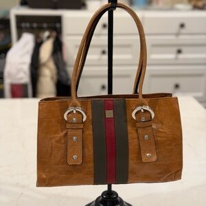 KEM Brown Leather Handbag with Red and Green Stripes